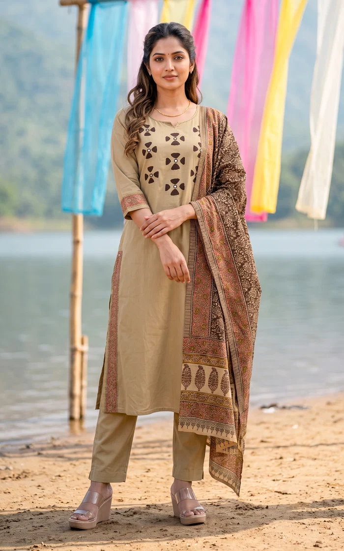 Beige Kalamkari style Straight-cut Cotton Kurta set